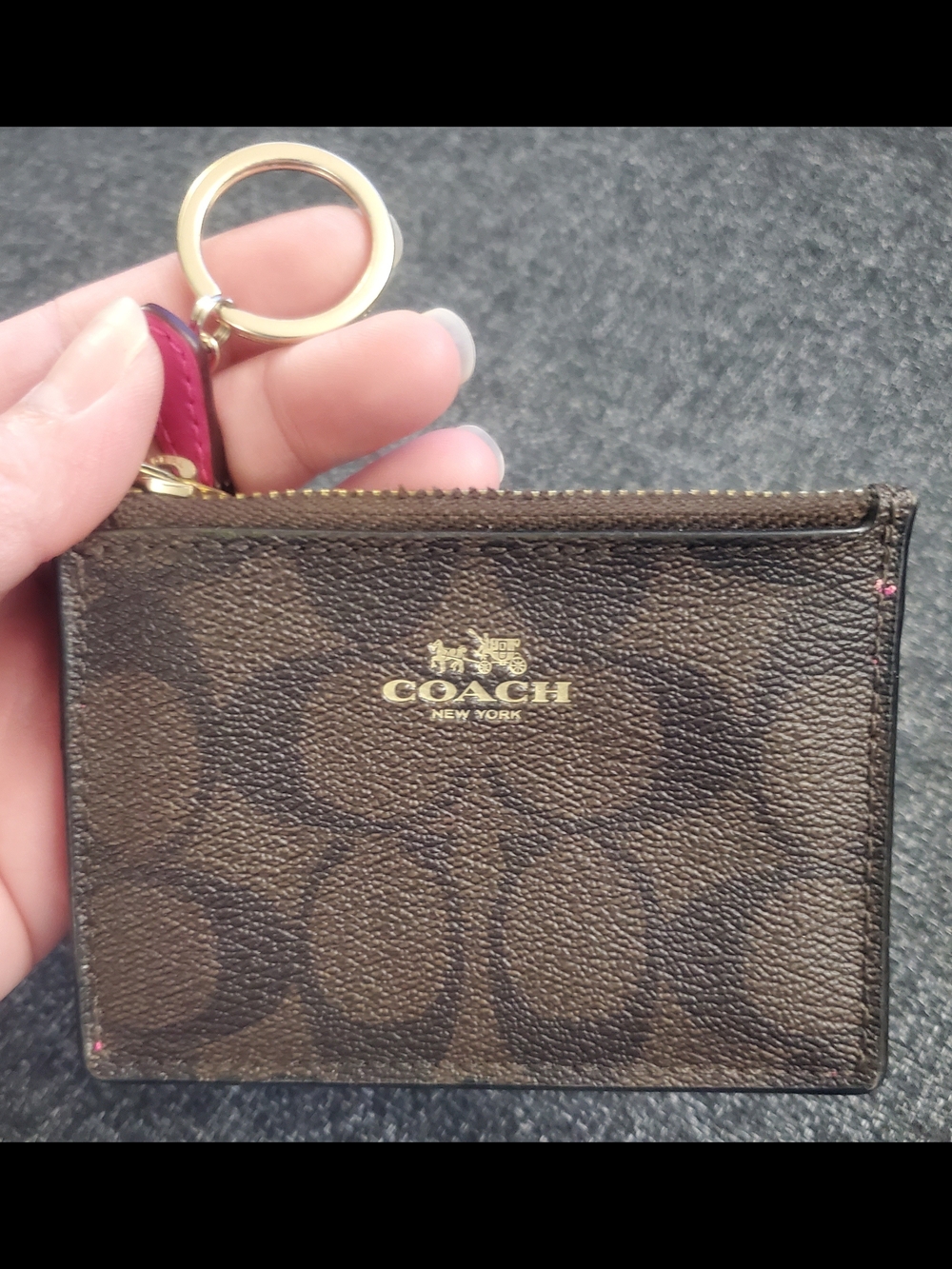 Coach Brown/Pink Signature Card Case with Key Ring